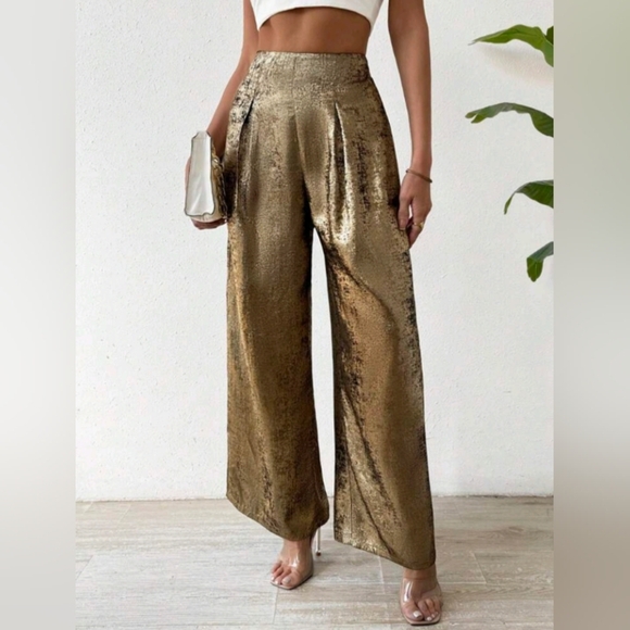 Women's Metallic Effect Pleated Pants For New Year Holiday Party Clothes - Picture 4 of 6